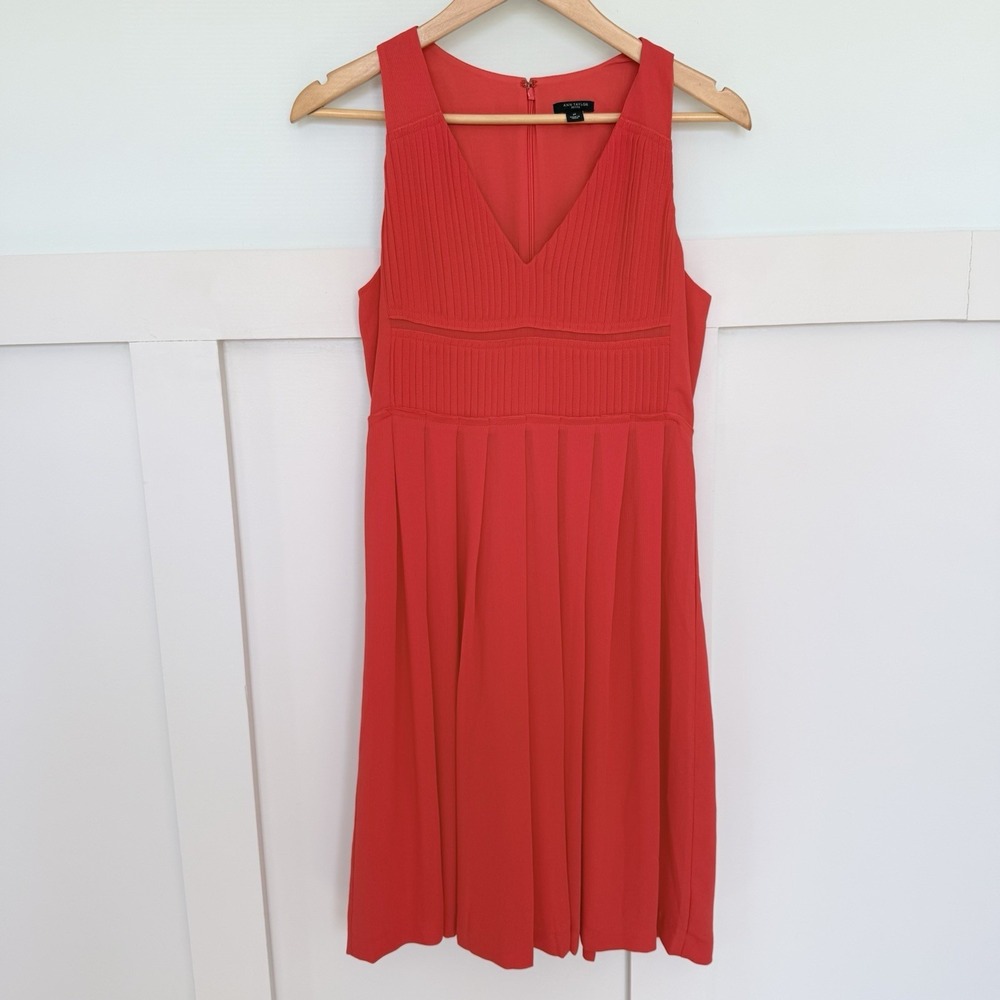 Ann Taylor Pleated V-Neck Flare Dress‎ Size 4 Petite Red Cocktail Party Wedding